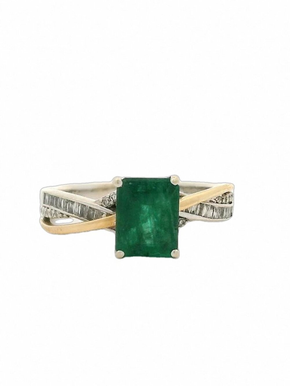 EFFY 14kt White & Yellow Gold Emerald Cocktail Ring Diamond Sides